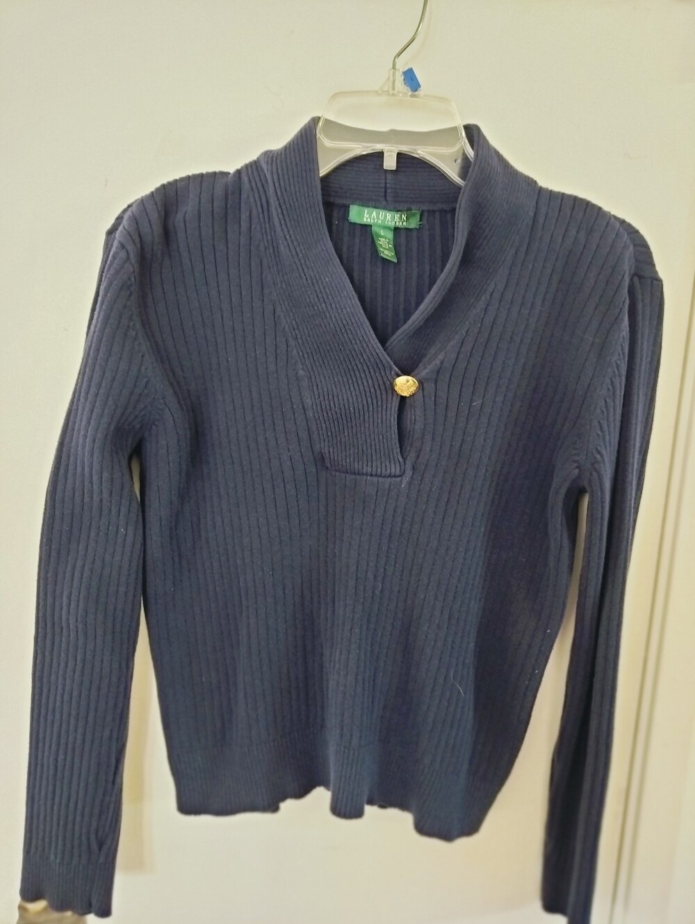 Vintage Ralph Lauren Ribbed Knit Shawl Collar Sweater Navy Gold Crest Button L